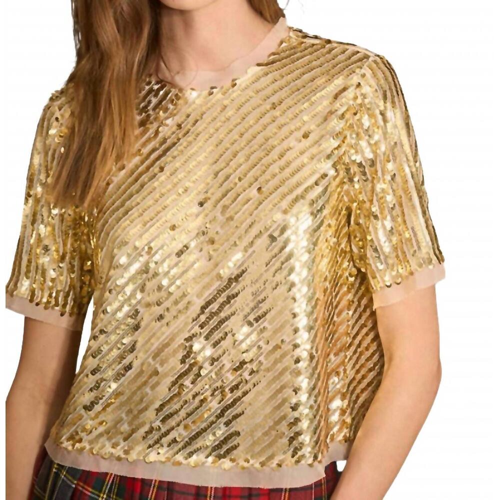 NEW HUNTER BELL pixie cropped boxy fit top in gold sequin